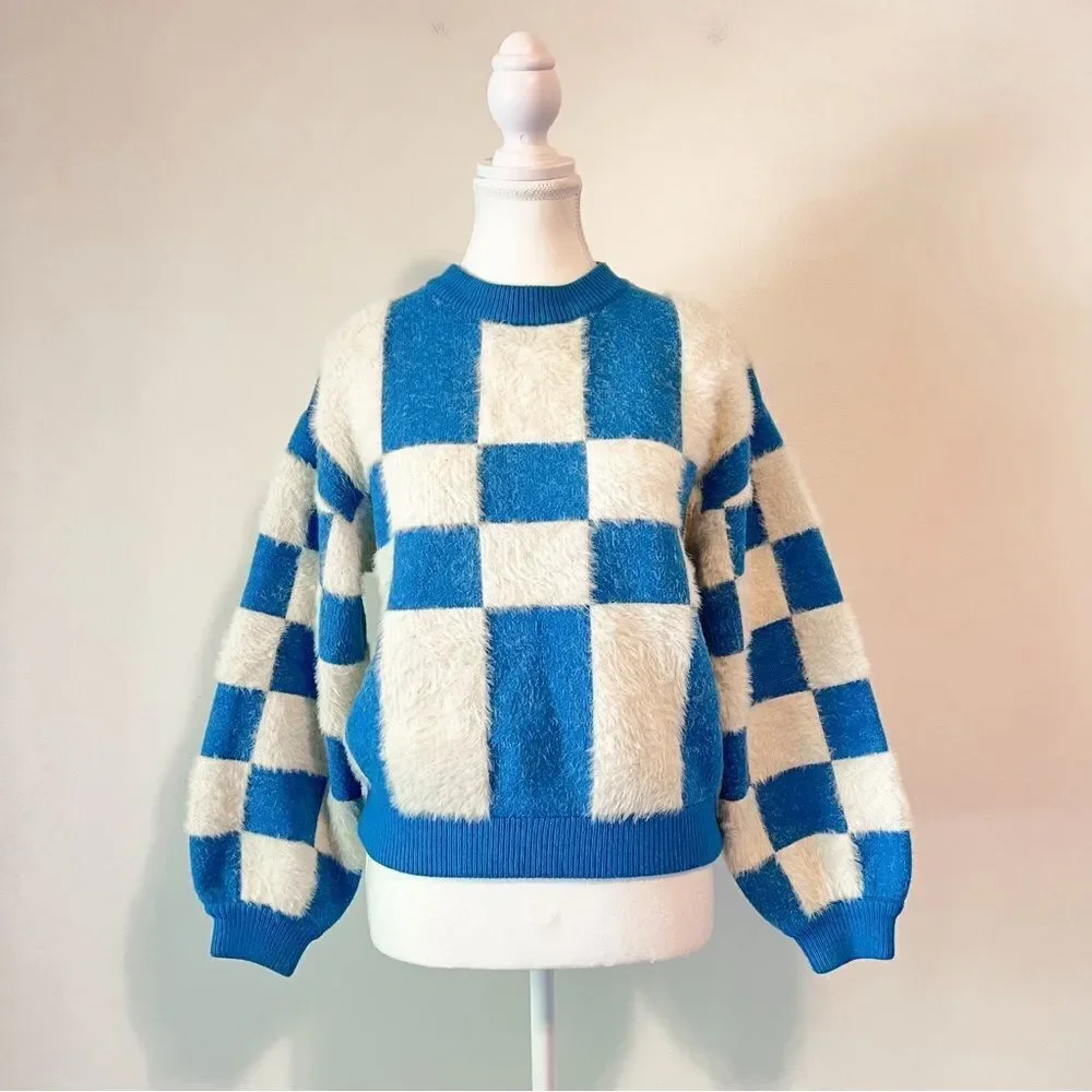 FRNCH Lio Cozy Fuzzy Sweater Blue White Abstract Colorblock Size Small